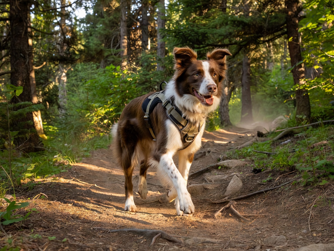 A dog wearing a sturdy outdoor walking harness