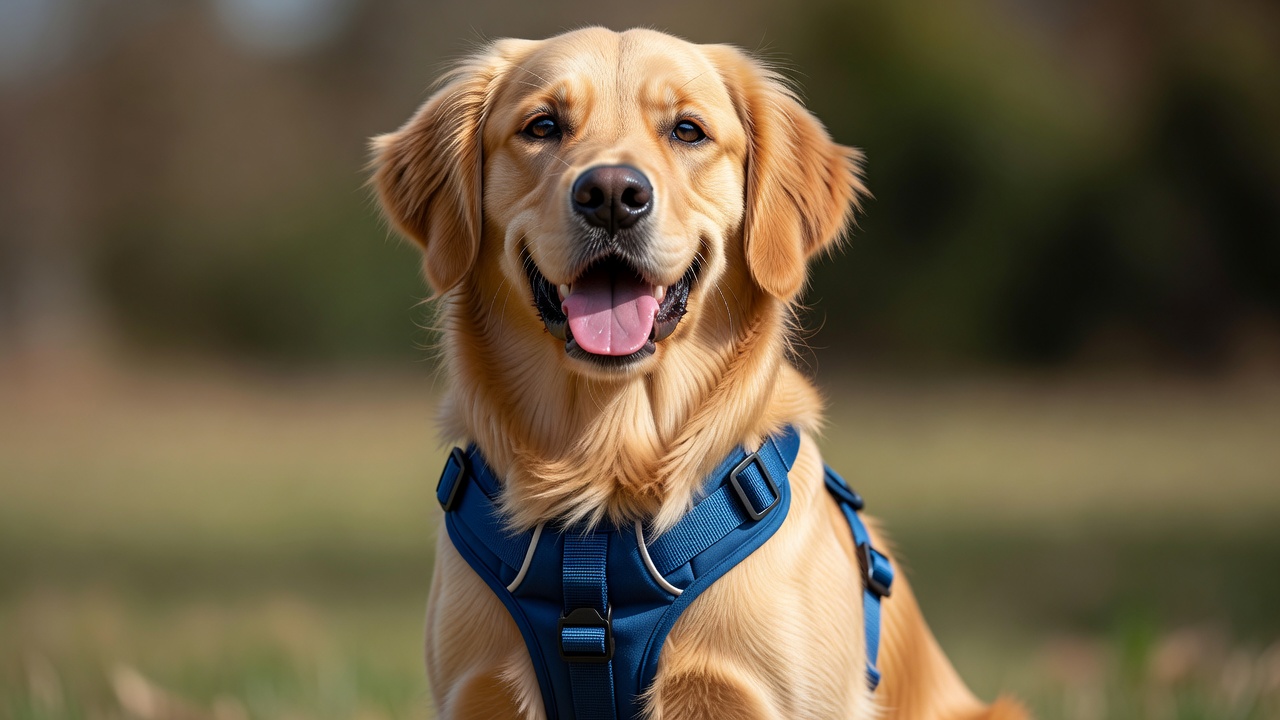 Close up of a dog wearing a well-fitted nylon harness