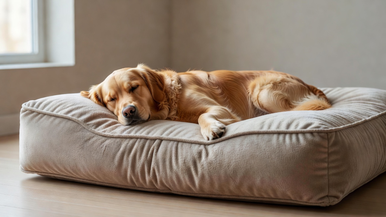 Dog resting on a thick orthopedic memory foam bed