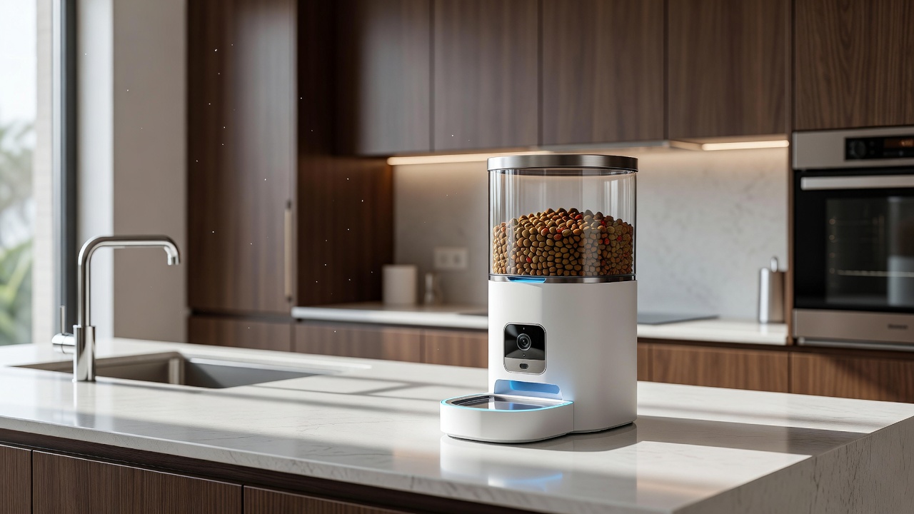 High tech smart pet feeder in a modern kitchen setting