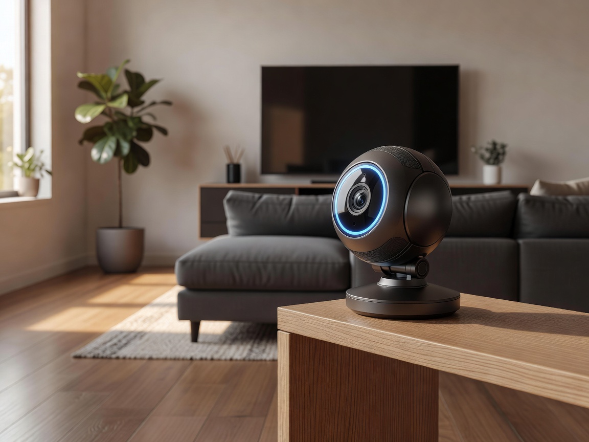 Interactive smart camera on a shelf pointing at a living room