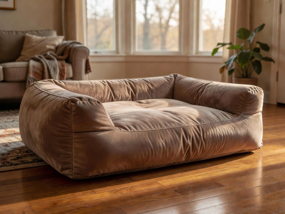 Large plush orthopedic dog bed resting on a living room floor