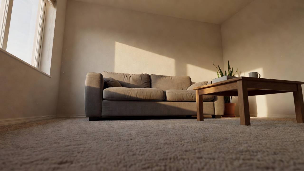 Wide angle view of a living room from a pet camera perspective